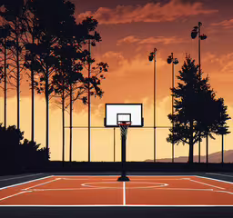 a basket in front of a basketball goal,the silhouette of a basketball court and trees during a sunset