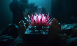someone holding a pink flower in their hands on a bed