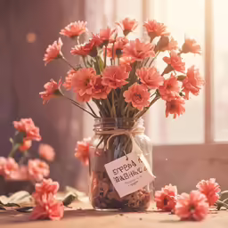 a jar filled with lots of flowers next to a window