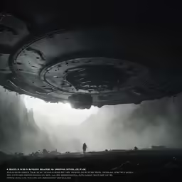 an alien ship flying over a distant town