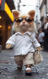 a little chihuahua doll with sunglasses walking down a street