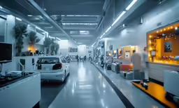 an empty room with several white cars in it