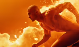 a nude man standing in front of fire with an orange background