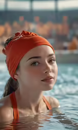 a girl in a swimming pool wearing an orange swim cap