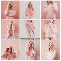 a series of photos of blonde woman in pink clothing