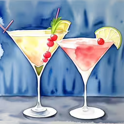 watercolors and inks of different drinks,two martini glasses are sitting next to each other