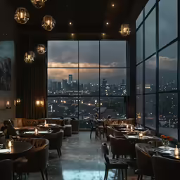 view from inside a restaurant looking down on the city