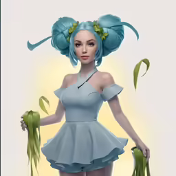 the girl is dressed in blue and holding a green bag