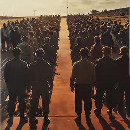 a large group of people walking on a road