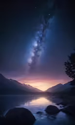 a lake is surrounded by mountains and stars at night