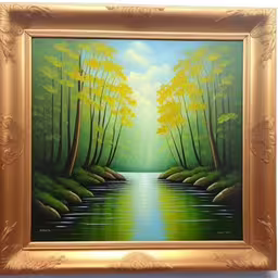 an oil painting of a river in a golden frame,this painting is hanging in a wall,an oil painting on canvas of trees and water,an oil painting of a river in the forest,a painting on a wall above a mirror