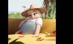 the doll is on the couch while her hand is over her face