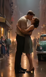 a couple is kissing and embracing in front of a crowd on a city street