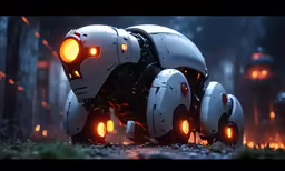 an animation picture of a white robot with glowing yellow eyes