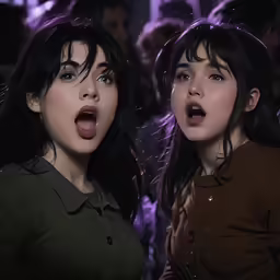 two girls with facial expressions look to the right and behind them