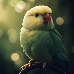 a yellow parakeet perched on a metal rod