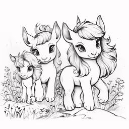 two cartoon horses are standing in the grass