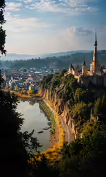 a small village with water and mountains