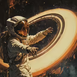 the astronaut is standing in front of a yellow sphere