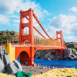 a very tall orange bridge over some water