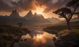 the sun is reflecting in the water of the valley