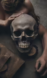 a person laying down with a skeleton statue