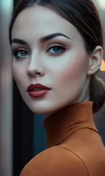 a model in brown sweater and blue eyes