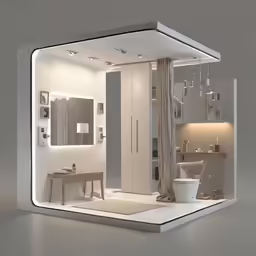 a toilet is in a white bathroom with a beige canopy