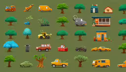 a green tree filled with cars and other cartoon vehicles,illustration of a large collection of vehicles and trees