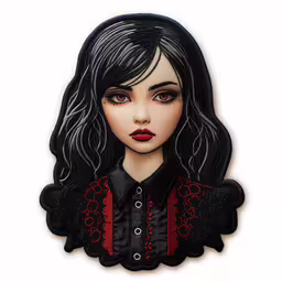 a hand painted picture of a woman with black hair and red dress,embroidered patch depicting a close up of a woman