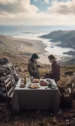 two people are sitting at a table outside by the beach eating food