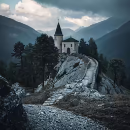 a mountain top with a small house on top