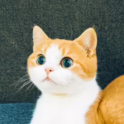 a small orange and white cat with blue eyes