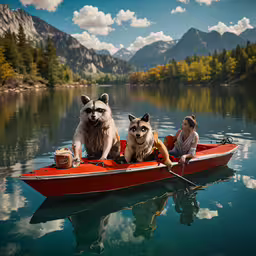two people in a canoe with three raccoon,a person and three dogs in a red boat on water
