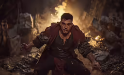 a young man in a fire and rocks scene