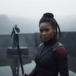 woman in black outfit holding a wooden weapon