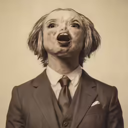 a man wearing a suit with the mouth open and an ugly look on his face