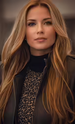the beautiful blond haired woman wearing a black leather jacket