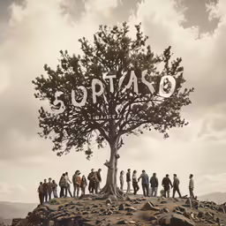 a group of people standing around a large tree on a hill