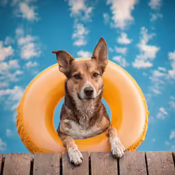 dog laying down looking around above a pool