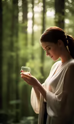 a woman is holding up a cup and looking down