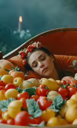 a woman sitting in a bowl full of fruit