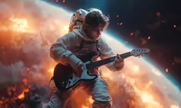 a man is playing an electric guitar and wearing a space suit with a helmet on