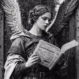an angel reading a bible with her wings