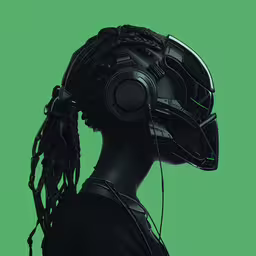 a man in black baseball uniform and headphones on a green background,a black person with headphones on their ears