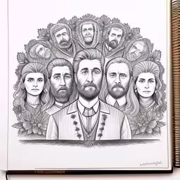 a sketch of a group of people in a frame,a drawing of the faces of the actors,an adult sized illustration of a family portrait,the drawing depicts the many faces of people in a group,a drawing with people and faces on it