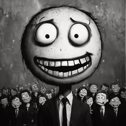 a black and white photo of a smiling cartoon face
