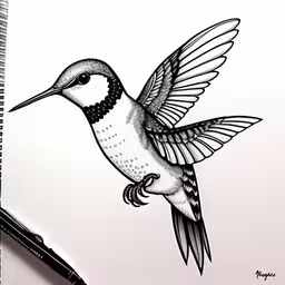 the drawing is of a hummingbird perched on a branch,a bird that is sitting on top of a piece of paper