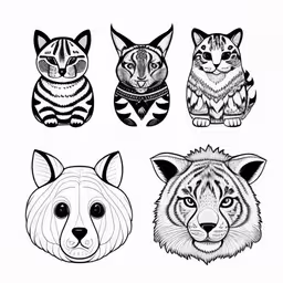 six different types of cats with various colors,the four heads of cats and dogs are drawn by hand