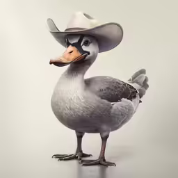 the duck is wearing a hat and standing with his head turned towards the side